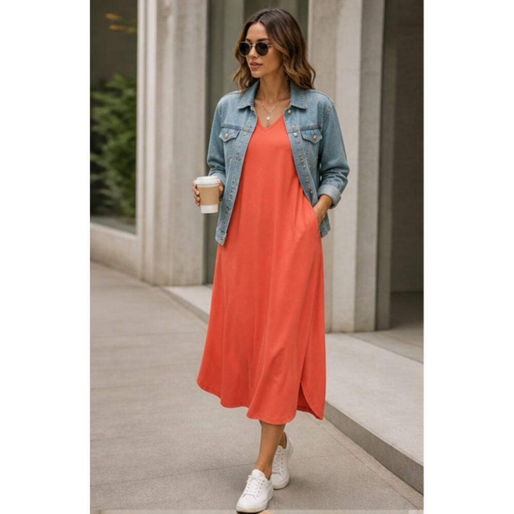 Entro Coral jersey T-shirt Maxi Dress V Neck Pockets NWT Sz L